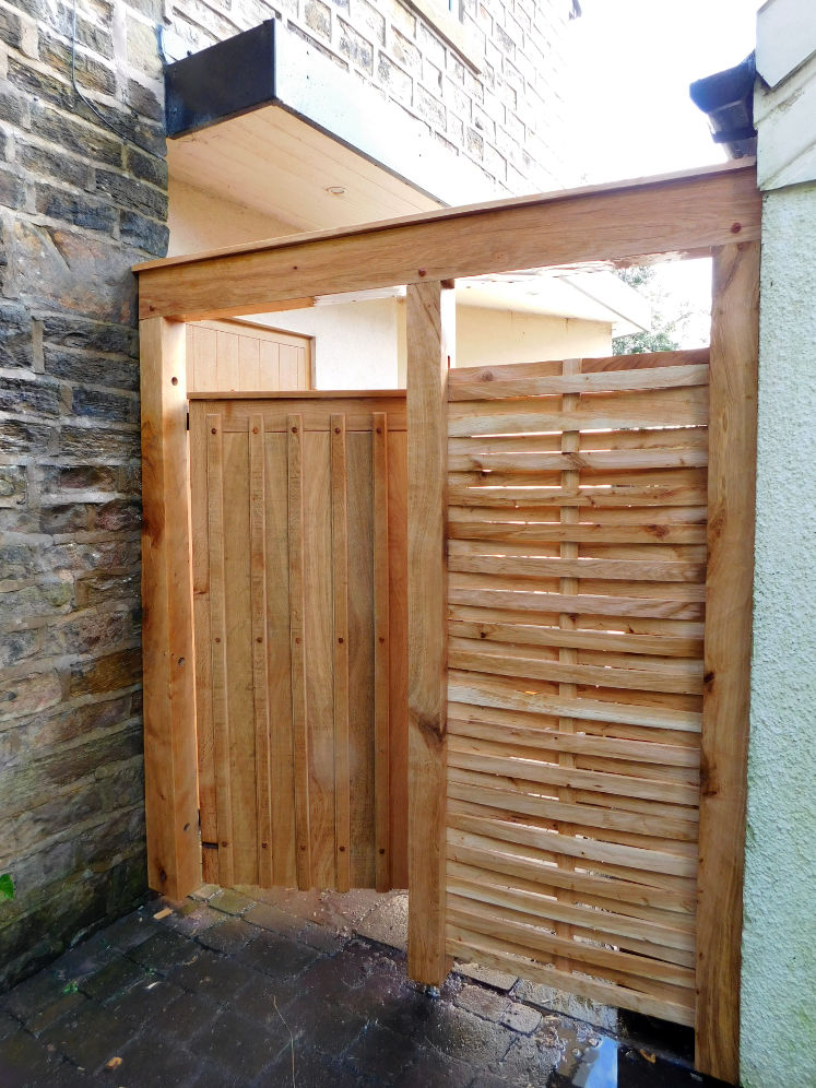 porch, gate, oak frame construction, woven wood side panels, wooden bench, home improvement, bury