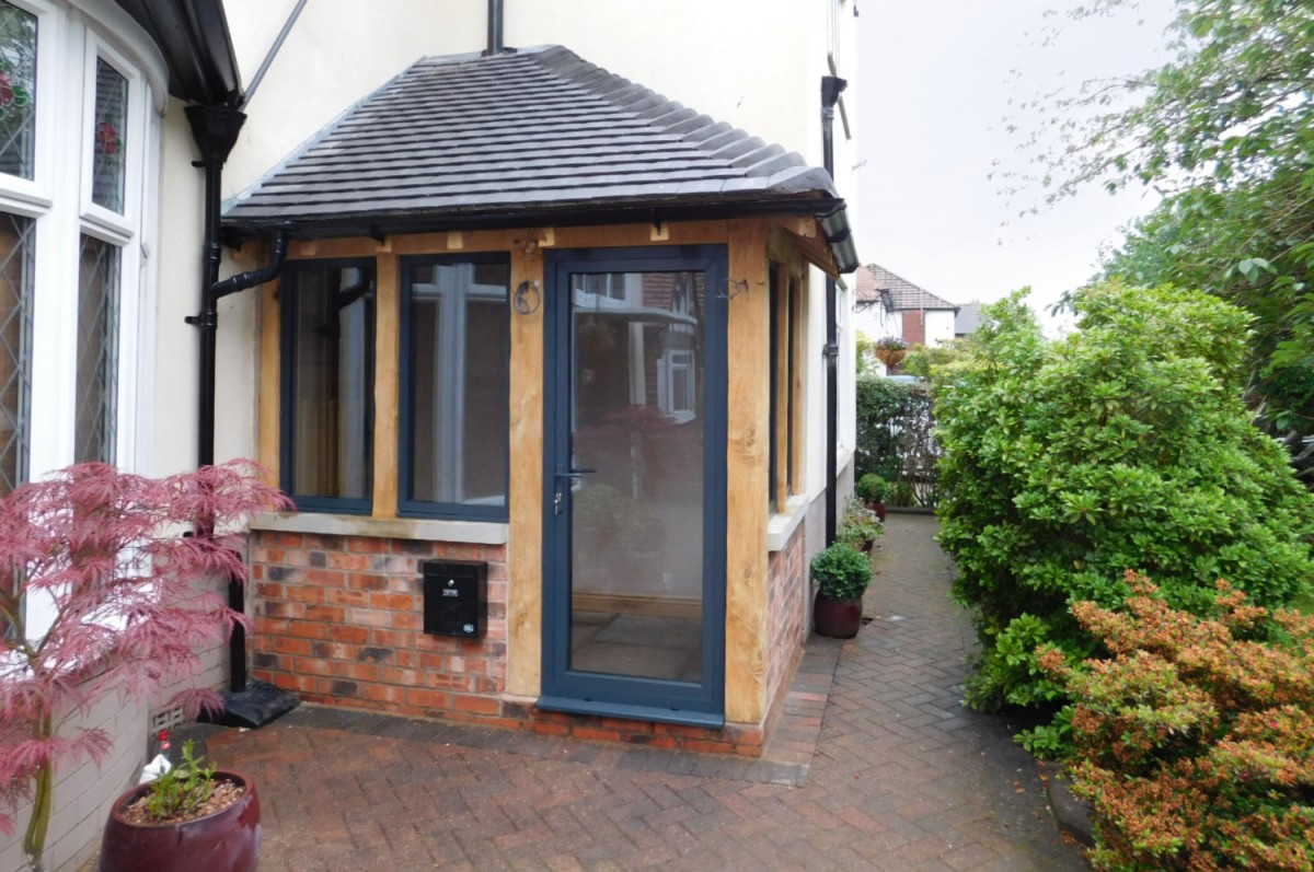 Storm Porch with traditional Oak Frame, stone work, pitched roof ...