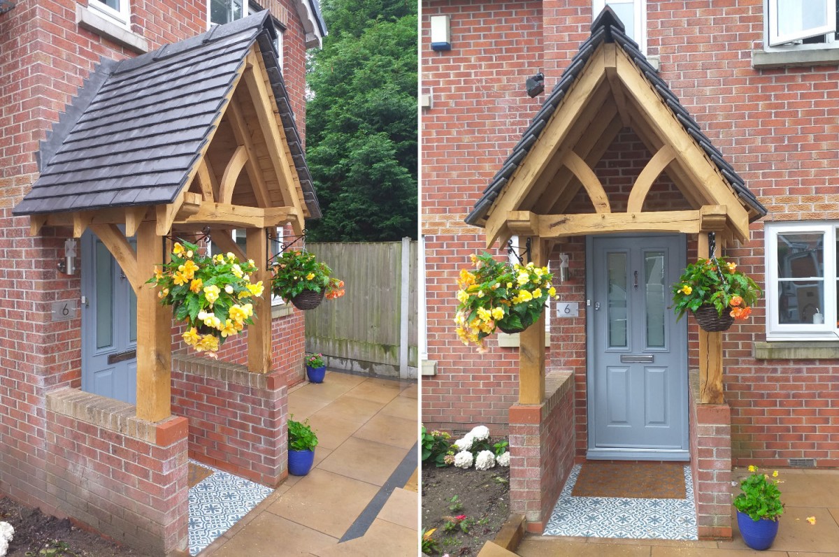 Enclosed Oak frame porch, dwarf wall, hipped roof, aluminium windows