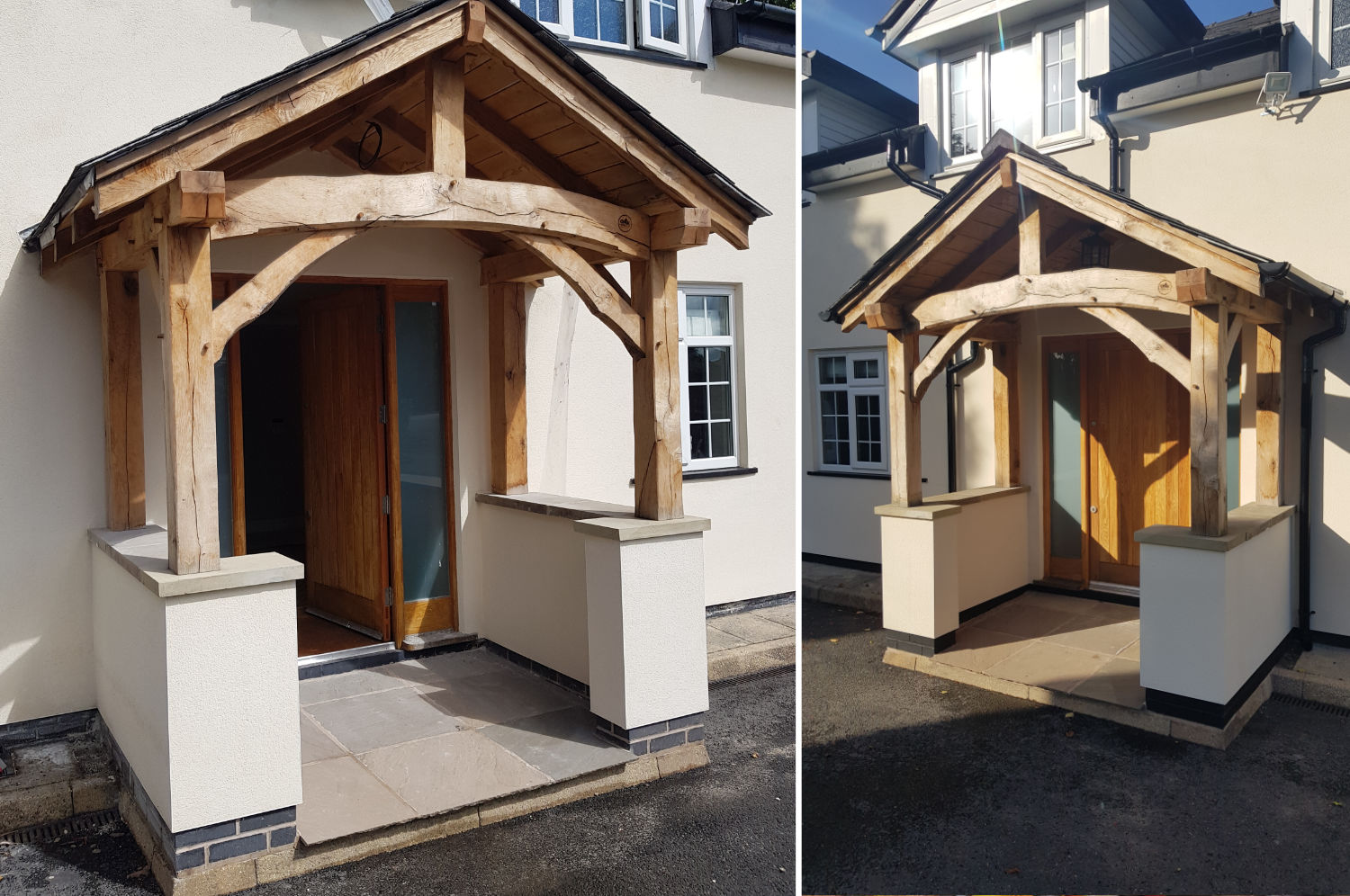 Traditional Oak Frame Porch, natural curved front head, knee braces, Manchester, construction by Oak Carpentry Lancs