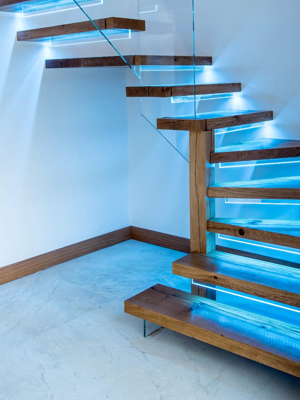 Floating staircase, oak glass design, Blue, modern, LED lighting, Oak Carpentry, Lancs, 2021