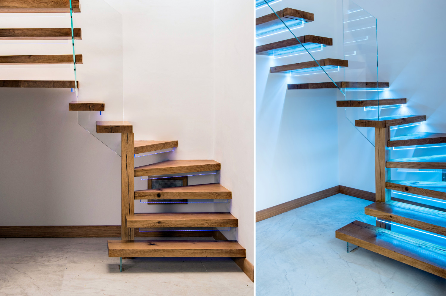 Floating staircase, oak glass design, modern-LED lighting, Oak Carpentry, Lancs, 2021