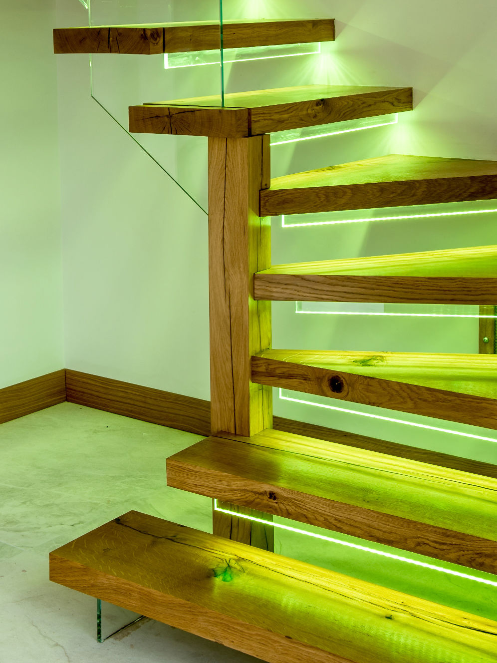 Floating staircase, oak glass design, modern, green, LED lighting, Oak Carpentry, Lancs, 2021