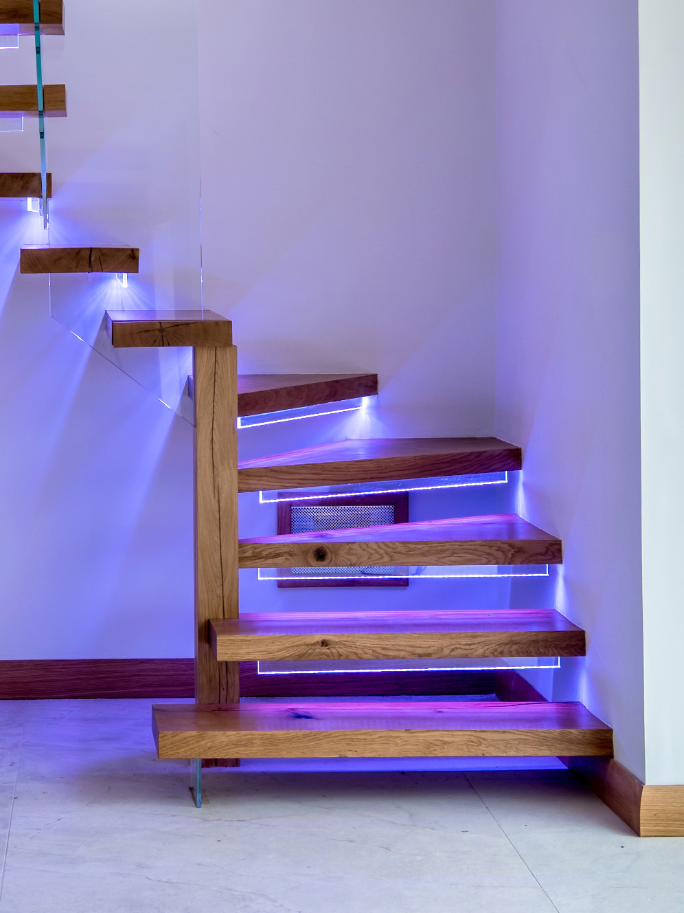 Floating staircase, oak glass design, modern, purple, LED lighting, Oak Carpentry, Lancs, 2021