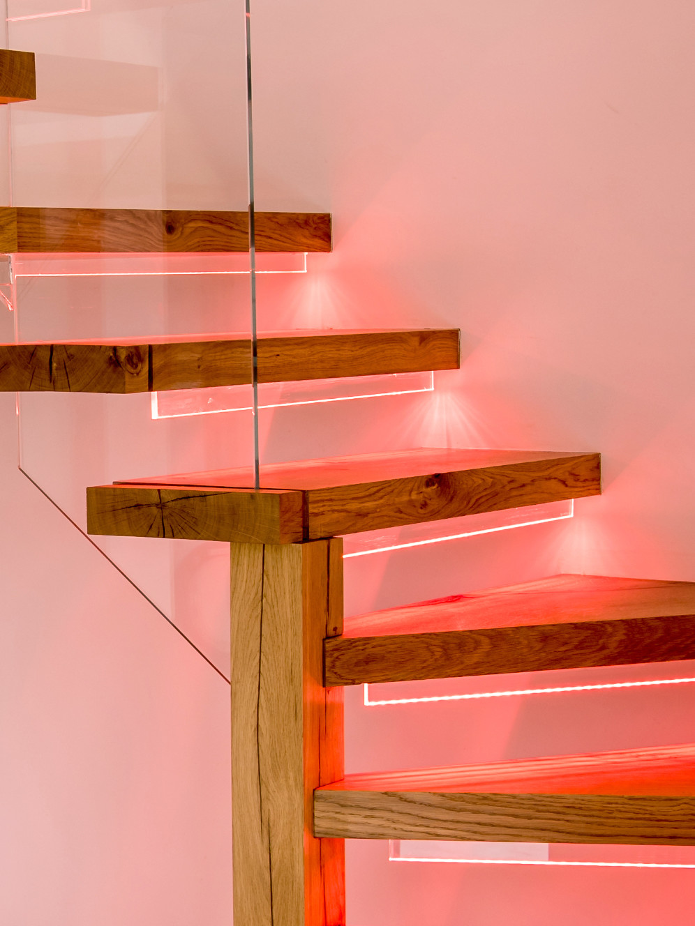 Floating staircase, oak glass design, interior, stairs, red, LED lighting, Oak Carpentry, Lancs, 2021