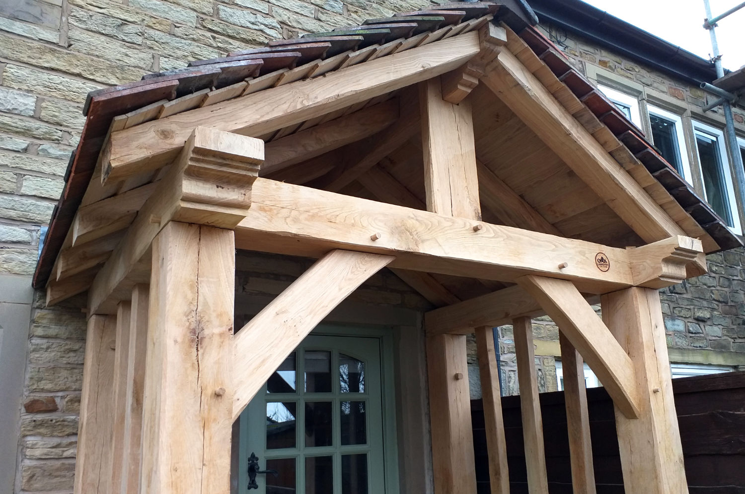 Porch, classic, artisan, hand crafted oak frame, reclaimed rosemary tiles, cottage front entrance, Oak Carpentry, Lancs, 2021